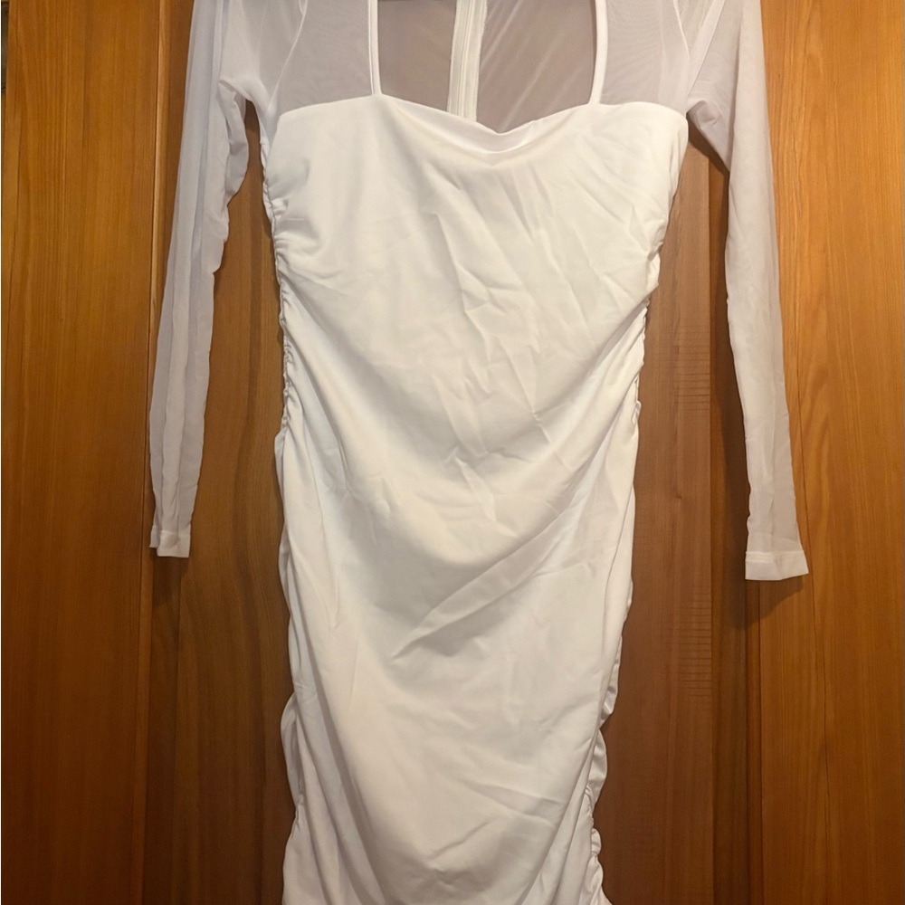 White Long-Sleeve Sheer Yoke Bodycon Dress